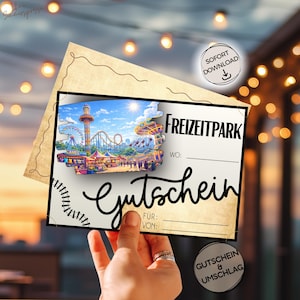 Bon cadeau pour une visite dans un parc d'attractions avec montagnes russes. Bon cadeau, fichier imprimable.