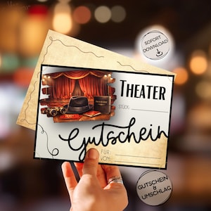 Op de afbeelding: Een cadeaukaart met theaterthema met een vintage ontwerp. De kaart toont een podiumillustratie met een rood gordijn, een hoed, een verrekijker en het woord "Theater". De woorden "Gutschein" en "SOFORT DOWNLOAD" zijn ook zichtbaar.