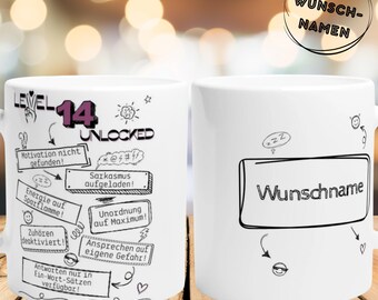 May include: White ceramic mug with a black design that says "Level 14 Unlocked" and has a list of humorous phrases. The mug has a black handle and a blank space on the other side for a name.