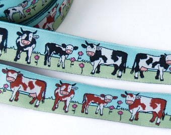 Woven ribbon with a black and white spotted cow family | Decorative ribbon with farm cows for embellishing and sewing