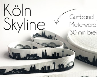 Köln Skyline Gurtband schwarz/weiß 30mm + 40mm | für Köln- und Rheinlandfans | Meterware | für Taschengurte, Schlüsselanhänger und Rucksäcke