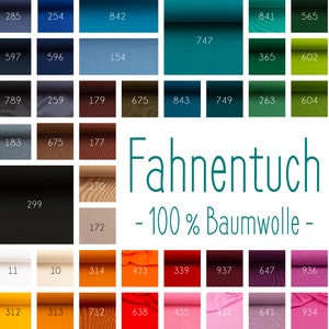 May include: A colour chart of 36 fabric swatches, each with a number printed on it. The swatches are arranged in rows and columns. The fabric is a ribbed cotton blend. The text "Fahnentuch - 100% Baumwolle -" is printed below the swatches.