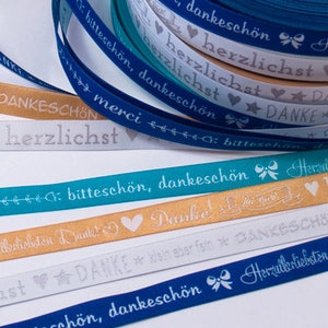 Webband „Danke" blau türkis gold weiß  12mm Händisch-Design