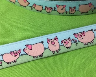 Woven ribbon with lucky pig design in pink/green/blue | Trim for decorating and embellishing