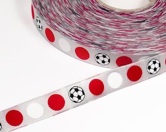 Football dots red & white on gray woven ribbon