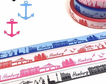 Hamburg Skyline woven ribbon black/white red/white pink/white blue/light blue