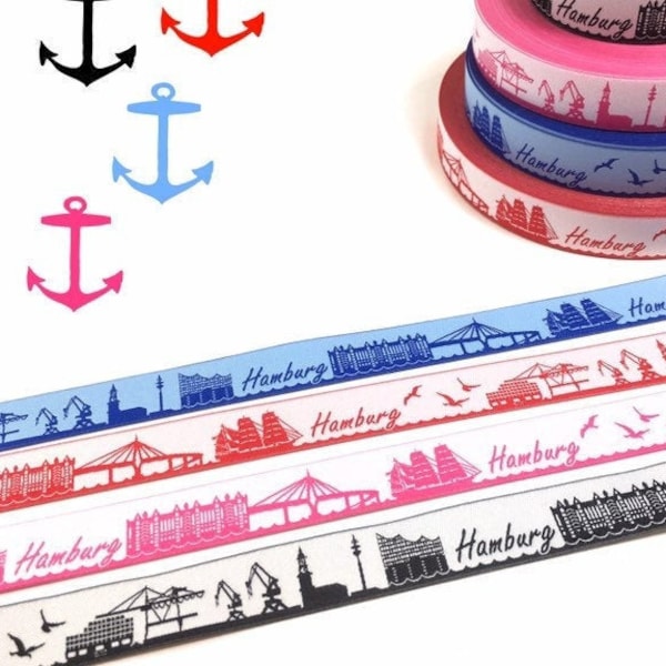 Hamburg Skyline woven ribbon black/white red/white pink/white blue/light blue
