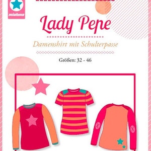 Könnte beinhalten: Ein Schnittmuster für ein Damen-Shirt mit Schulterpolstern. Das Schnittmuster beinhaltet drei verschiedene Shirt-Stile, jeweils mit einem anderen Farbschema. Das Schnittmuster ist in den Größen 32-46 erhältlich. Das Schnittmuster enthält einen Link zu einer Foto- und Videoanleitung.