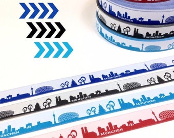 Munich skyline woven ribbon black, blue, red, turquoise with white