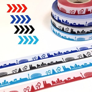 Munich skyline woven ribbon black, blue, red, turquoise with white image 1