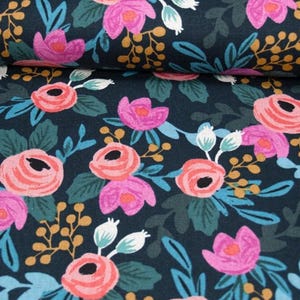 Canvas floral fabric with stylized roses | Pink Navy | Cotton Linen Fabric | Menagerie by Cotton + Steel