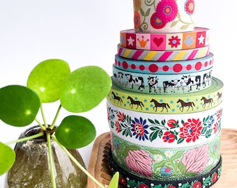 Woven ribbon with dots, stripes, crowns, flowers, cows, and horses | Renaissance Ribbon KikisKreativwelt color mix | Trim for decorating, classic and modern