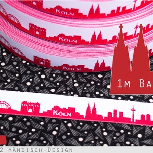 Cologne Skyline woven ribbon red/white black/white pink/white yellow/green for Cologne and Rhineland fans Sold by the meter image 2