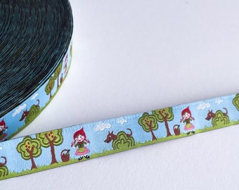 Woven ribbon "Mrs. Roth" color mix | Fairytale motif girl with wolf | Border for decoration