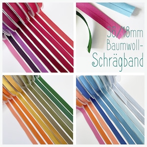 Könnte beinhalten: Sortiment von 36 Baumwoll-Schrägband in verschiedenen Farben, darunter Rot, Rosa, Lila, Grün, Blau, Orange und Gelb. Das Band ist 1/8 Zoll breit und ist mit "36/18mm Baumwoll-Schrägband" beschriftet.