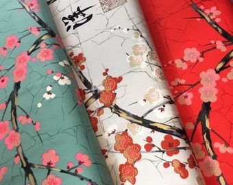 Tela de algodón “Sakura” con flores de cerezo japonesas en negro, rojo, gris y petróleo, 0,50 m/0,54 yd.