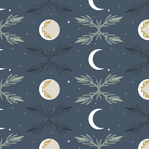 Könnte beinhalten: Ein nahtloses Muster mit einem sich wiederholenden Design aus Halbmonden, stilisierten Blattwerkzweigen und Kreisen mit einem goldenen Blattdesign auf dunkelblauem Hintergrund.