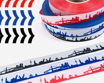 Hamburg Skyline woven ribbon black/white red/white blue/white pink/white brown/white (short repeat)