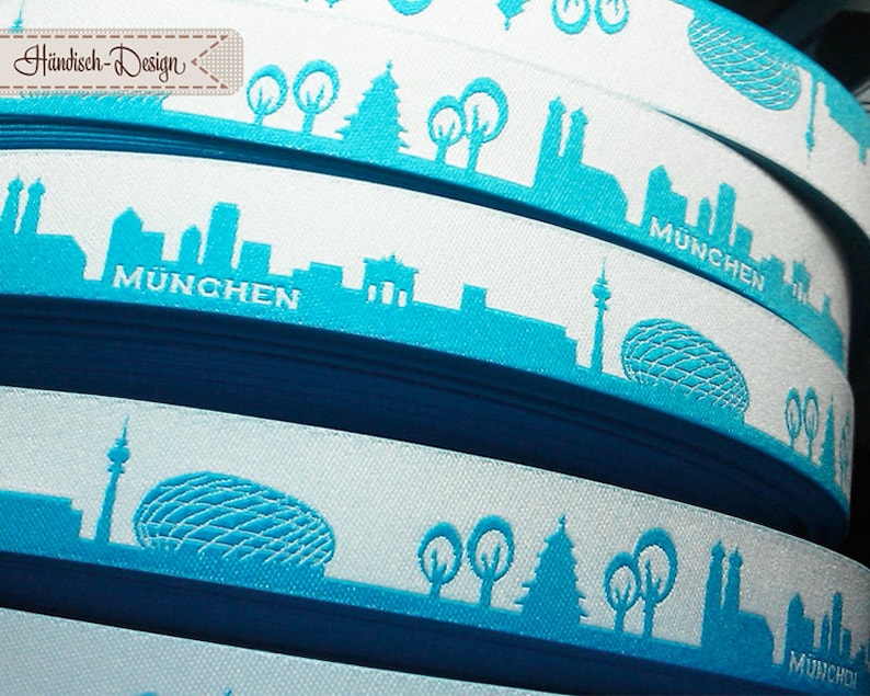 Munich skyline woven ribbon black, blue, red, turquoise with white türkis/weiß