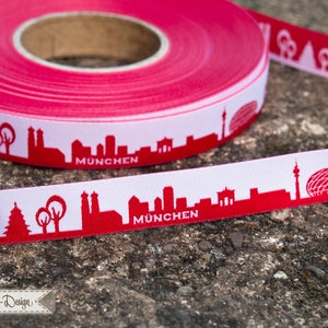 Munich skyline woven ribbon black, blue, red, turquoise with white rot/weiß