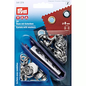 May include: A pack of Prym eyelets with washers. The package contains 24 eyelets, a setting tool, and a clear plastic container. The eyelets are silver with a gold rim. The package also includes the text "Eyelets with washers" and "8 mm".
