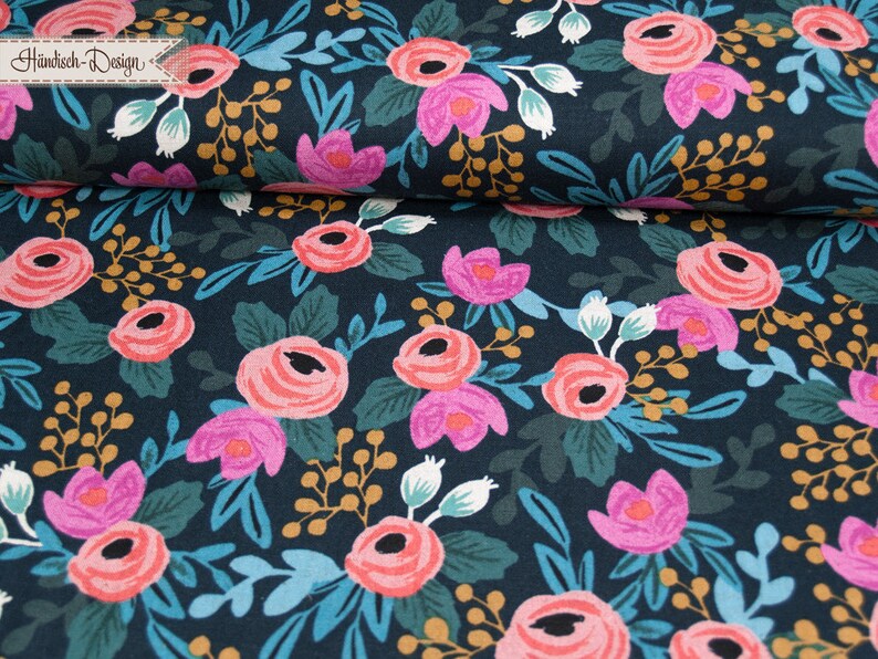 Canvas Rosa Navy Menagerie Blumen schwarz cotton steel 0,50m/0.54yd Baumwolle/Leinen fester Stoff für Taschen, Jacken und Wohndeko image 2