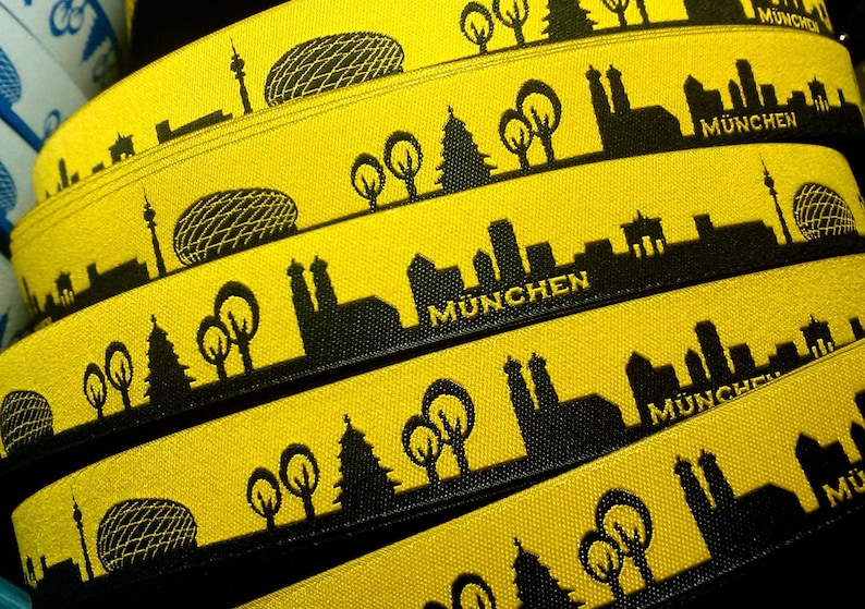 Munich skyline woven ribbon black, blue, red, turquoise with white schwarz/gelb