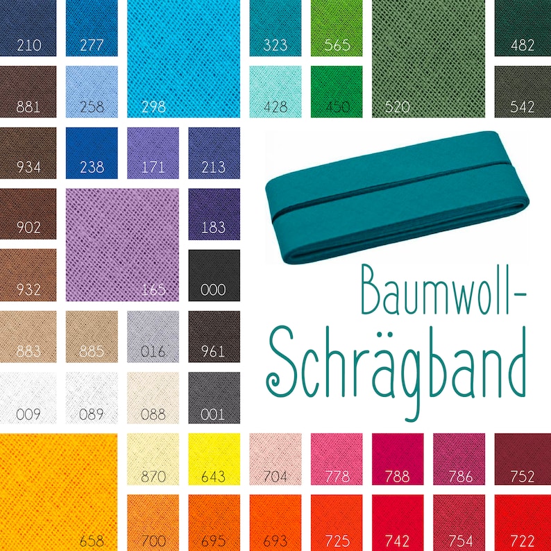 Baumwoll-Schrägband 20mm verschiedene uni Farben 5m/5.46yd BW Band zum Einfassen von Kanten gefalzt immagine 1