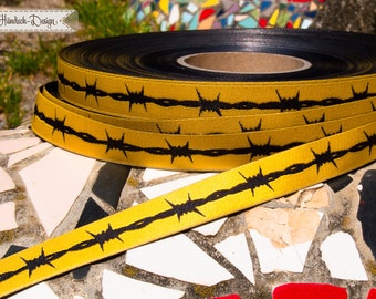 Barbed wire "ode to Pamela" woven ribbon yellow