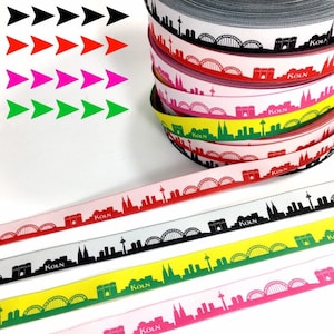 Cologne Skyline woven ribbon red/white black/white pink/white yellow/green for Cologne and Rhineland fans Sold by the meter image 1