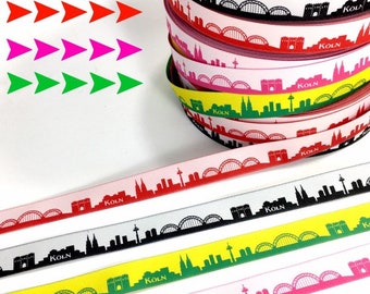 Cologne Skyline woven ribbon red/white black/white pink/white yellow/green | for Cologne and Rhineland fans | Sold by the meter