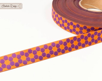Retro floral pattern orange/purple + pink/yellow woven ribbon