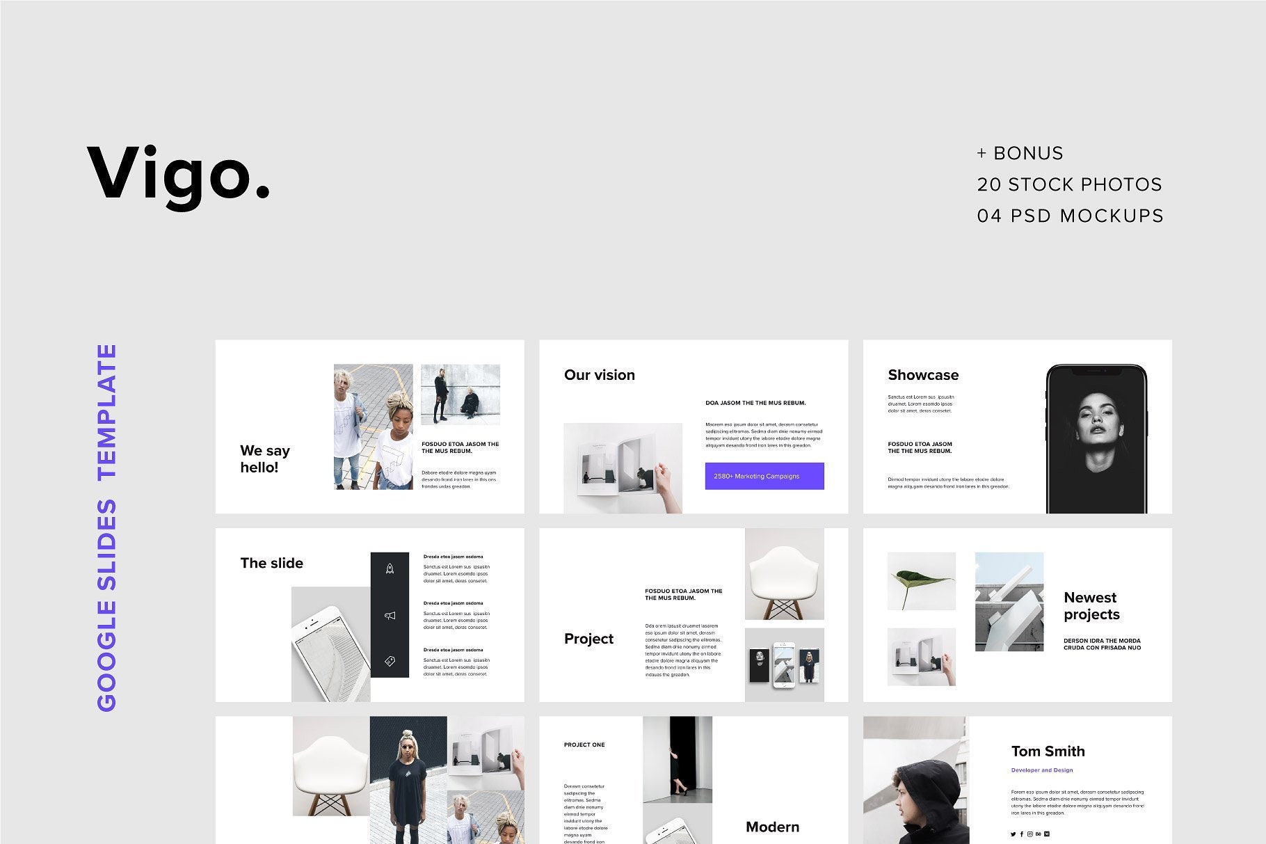 VIGO - Clean Google Slides Template + Bonus 20 Stock Photos + 4 Psd Mockups