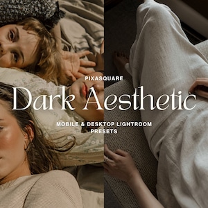 Könnte beinhalten: Zwei Frauen liegen auf einem hellbraunen Hintergrund. Der Text "Dark Aesthetic" befindet sich in der Mitte des Bildes. Unter dem Text steht "Mobile & Desktop Lightroom Presets".