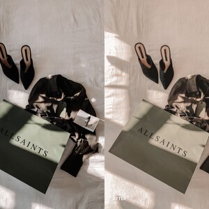 Puede incluir: Una bolsa de compras verde con el texto "ALLSAINTS" impreso en ella. Una camisa marr&oacute;n y un par de mules negras de tac&oacute;n est&aacute;n encima de la bolsa.