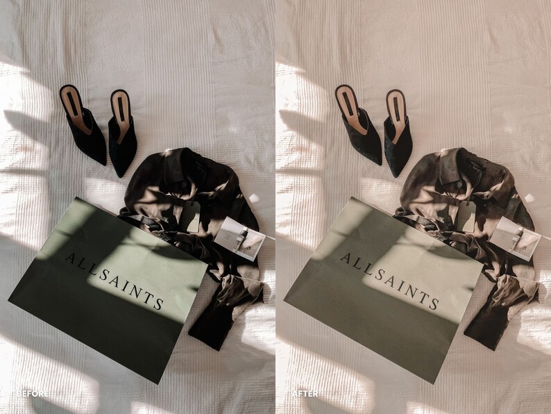 Puede incluir: Una bolsa de compras verde con el texto "ALLSAINTS" impreso en ella. Una camisa marr&oacute;n y un par de mules negras de tac&oacute;n est&aacute;n encima de la bolsa.