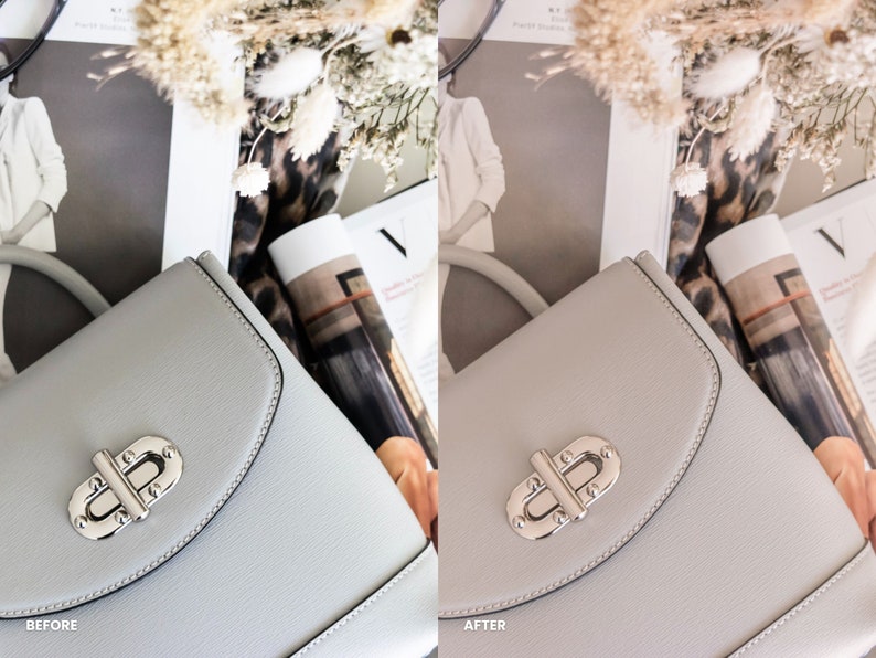 Puede incluir: Primer plano de un bolso de mano de cuero gris claro con un cierre plateado. El bolso est&aacute; sobre una revista con un estampado floral.
