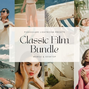 May include: A collage of images showcasing a collection of classic film presets for mobile and desktop. The images feature a variety of scenes, including a woman in a white outfit, a woman in a pink outfit, a woman in a pink shirt, a woman lying on a bed, a beach scene, and a building with stairs.