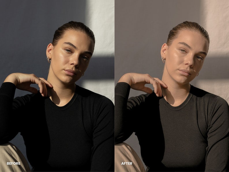 Puede incluir: Una foto antes y despu&eacute;s de una persona con una camiseta negra de manga larga. La foto de la izquierda muestra a la persona con un tono de piel m&aacute;s natural, mientras que la foto de la derecha muestra a la persona con un tono de piel m&aacute;s uniforme y brillante.