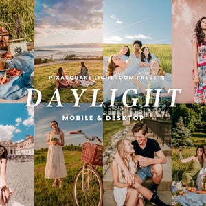 Pode incluir: Uma coleção de predefinições do Lightroom para dispositivos móveis e desktop, chamada "Daylight", projetada para melhorar as fotos com uma estética de luz quente e natural.