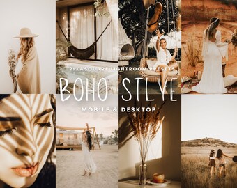 May include: A collage of images showcasing a boho style aesthetic. The images feature a woman in a white dress, a woman in a brown sweater, a woman sitting in a swing, a bouquet of dried flowers, and a woman walking in a field.