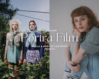 May include: Two women wearing colorful scarves stand in front of a green bush. The woman on the left is wearing a light blue dress and the woman on the right is wearing a purple dress with a colorful pattern. The text "Portra Film" is in the center of the image with the text "Mobile & Desktop Lightroom Presets" below it.
