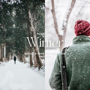 May include: A person wearing a red beanie and a green jacket walks through a snowy forest. The trees are bare and the ground is covered in snow. The text "Winter" is written in white on a black background.