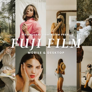 May include: A collage of images showcasing a set of Lightroom presets called "Fuji Film" for mobile and desktop. The presets are designed to give photos a vintage film look.