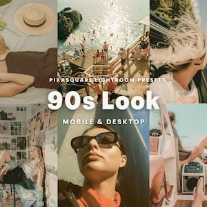May include: A collage of images with a 90s aesthetic, featuring people enjoying summer activities like swimming, boating, and driving. The text "Pixasquare Lightroom Presets 90s Look Mobile & Desktop" is displayed in the center of the image.
