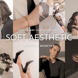 Puede incluir: Un conjunto de ajustes preestablecidos de Lightroom para dispositivos m&oacute;viles y de escritorio, llamado "Soft Aesthetic". Los ajustes preestablecidos est&aacute;n dise&ntilde;ados para crear una est&eacute;tica suave, c&aacute;lida y de ensue&ntilde;o en las fotos. La imagen muestra una variedad de fotos que se han editado con los ajustes preestablecidos, incluidas fotos de personas, moda y caf&eacute;.