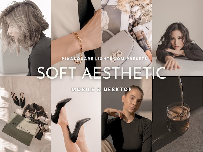 Puede incluir: Un conjunto de ajustes preestablecidos de Lightroom para dispositivos m&oacute;viles y de escritorio, llamado "Soft Aesthetic". Los ajustes preestablecidos est&aacute;n dise&ntilde;ados para crear una est&eacute;tica suave, c&aacute;lida y de ensue&ntilde;o en las fotos. La imagen muestra una variedad de fotos que se han editado con los ajustes preestablecidos, incluidas fotos de personas, moda y caf&eacute;.
