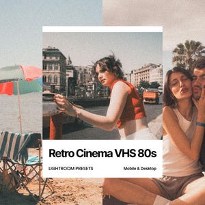 May include: Image featuring a beach scene with a colorful umbrella, folding chairs, and a bag. A central panel displays the text "Retro Cinema VHS 80s" with "Lightroom Presets" and "Mobile & Desktop" below. The image has a vintage aesthetic.