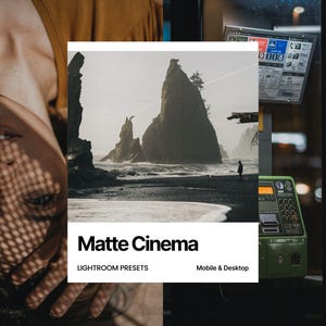 May include: A photograph featuring a person's face partially obscured by shadows, alongside a coastal landscape with large rock formations. The image includes a white rectangle with the text "Matte Cinema" and "Lightroom Presets". A green payphone is also visible.