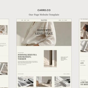 Pode incluir: Um modelo de site de página única Carrd.co com uma paleta de cores neutras. O layout inclui seções para Noa Studio, filosofia da marca e trabalhos selecionados, com tipografia serifada e imagens de uma pessoa de camisa branca.